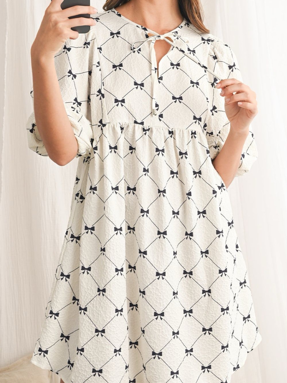 Women’s Cream Midi Dress with Black Bow Print